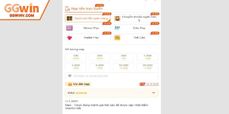 Có nhiều cách nạp tiền GGWIN khác nhau