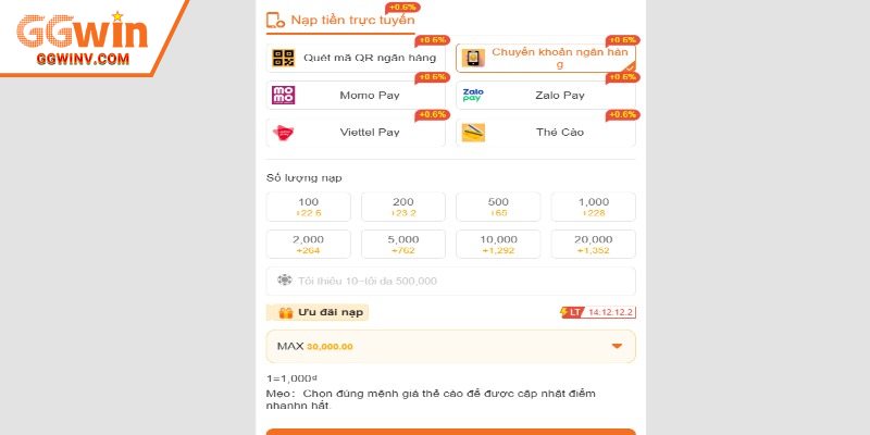 Thao tác nạp tiền nhanh chóng và đơn giản